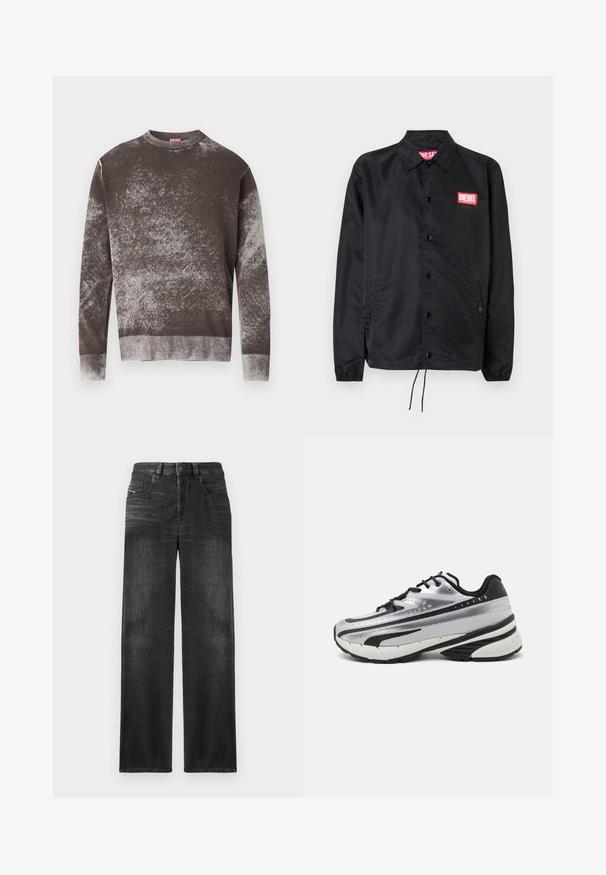 Must must, misasest kergest ja siledast materjalist, nupuvälinge, elastsete mansettide, küljetaskute ning punase Diesel logo plaastriga.; Pruuni ja halli laigulise mustriga pikkade varrukatega pusa, millel on soonikkätised ja -ääris ning väike tikandiga logo rinnal.; Mustad sirgedega teksad, millel on viis taskut, vööst sõlmimiskohad ja õrn kulumine kangas, andes tekstuuri.; Jooksujalats, millel on hõbedane võrgust pealmine osa, mustad aktsendid ja valge tallaga. Omab tekstuurilist disaini ja musti paelu. Kerge ja pehmendusega.