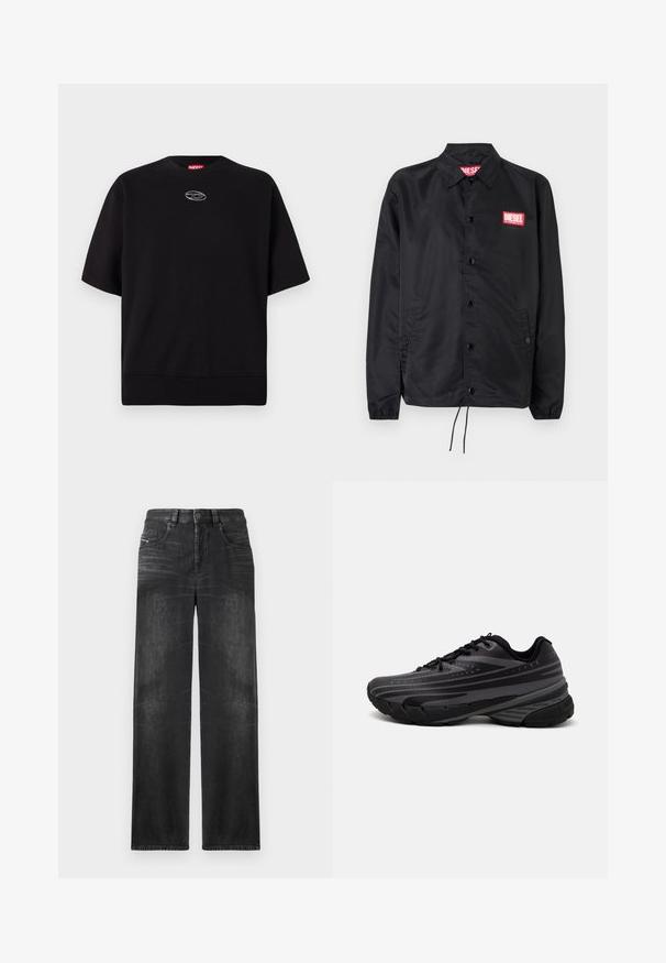 Melnā jaka no gludas, vieglas materiāla, ar pogu aizdari, elastīgām piedurknēm, sānu kabatām un sarkanu Diesel logo uzšuvumu.; Melna kokvilnas džemperis ar īsām piedurknēm, apaļu izgriezumu un ribotu apakšmalu, ar mazu metāla logotipu priekšā centrā.; Melni taisni denim džinsi ar piecām kabatām, jostu cilpām un viegli izbalējušu audumu, kas piešķir struktūru.; Melnas skriešanas kurpes ar teksturētu virsu, kurai ir pelēkas svītras. Biezs zole nodrošina amortizāciju, apaļa purngalu un plakanas šņorītes, lai nodrošinātu drošu piegulšanu.