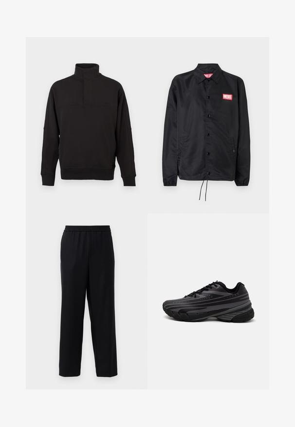 Čierna bunda vyrobená z hladkého, ľahkého materiálu, s predným zapínaním na gombíky, elastickými manžetami, bočnými vreckami a červeným logom Diesel na nášivke.; Čierna mikina s kapucňou vyrobená z mäkkej zmesi bavlny, s vysokým golierom na gombík, rebrovanými manžetami a voľným strihom.; Čierne nohavice s elastickým pásom, rovný strih a hladká, ľahká tkanina. Žiadne viditeľné vrecká ani vzory.; Čierna bežecká obuv s textúrovaným zvrškom, ktorý má šedé pruhy. Hrubá podrážka pre odpruženie, okrúly špička a ploché šnúrky na bezpečné uchytenie.