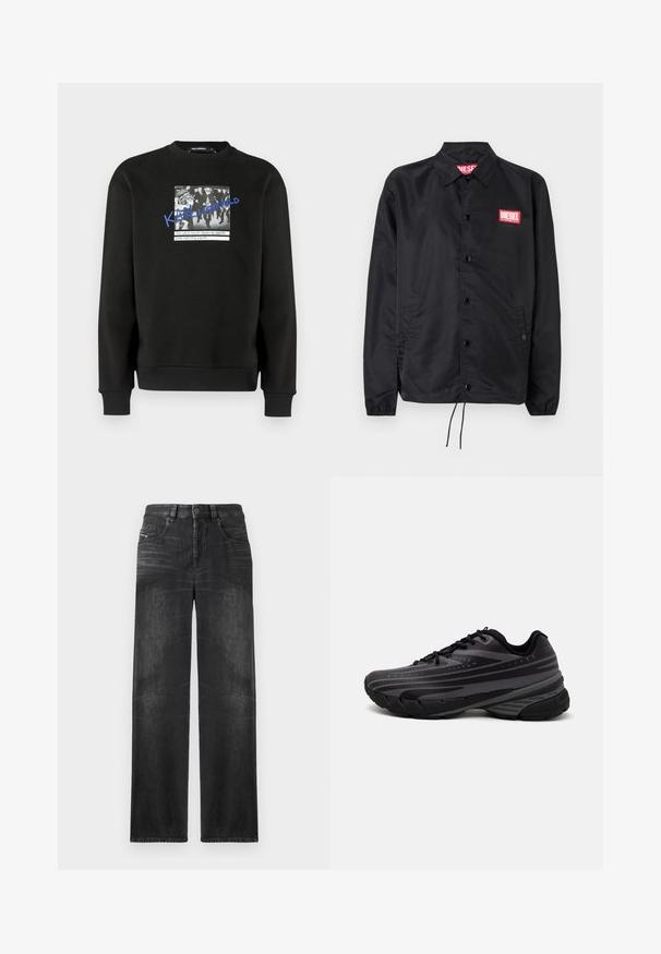 Fekete dzseki sima, könnyű anyagból, gombos elülső résszel, rugalmas mandzsettákkal, oldalsó zsebekkel és egy piros Diesel logós folttal.; Fekete pulóver puha anyagból, elöl fekete-fehér fotóval és kék szöveggel díszítve. Bordázott mandzsetták és szegély.; Fekete egyenes szabású farmernadrág, öt zsebbel, övhurkokkal, és finom fakó foltokkal az anyagon a textúra érdekében.; Fekete futócipő texturált felsőrésszel, szürke csíkokkal. Vastag talp a párnázottságért, kerek orr, és lapos fűzők a biztos illeszkedés érdekében.