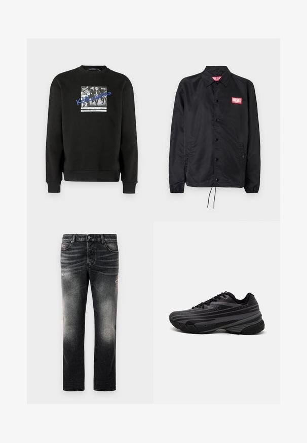 Černá bunda z hladkého, lehkého materiálu, s knoflíkovou přední částí, elastickými manžetami, bočními kapsami a červenou nášivkou Diesel logo.; Černá mikina z měkké látky s potiskem na přední straně, obsahujícím černobílou fotografii a modrý text. Žebrované manžety a lem.; Černé džíny s vybledlým vzhledem a odřenými detaily, standardní design s pěti kapsami a zipovým zapínáním. Vyrobeny z džínové látky.; Černá běžecká bota s texturovaným svrškem zdobeným šedými pruhy. Silná podešev pro odpružení, kulatá špička a ploché tkaničky pro bezpečné uchycení.