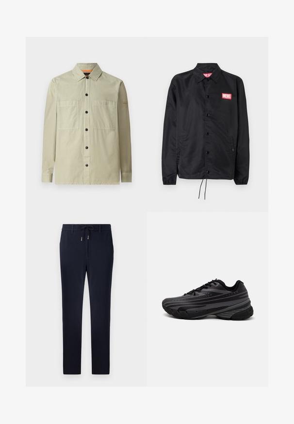 Schwarze Jacke aus glattem, leichtem Material mit Knopfriegel, elastischen Bündchen, seitlichen Taschen und einem roten Diesel-Logo-Patch.; Hellgrüne Hemdjacke aus glattem Stoff; verfügt über zwei Vorderaschen, schwarze Knöpfe und ein kleines Logopatch am Ärmel.; Marineblaue Hose mit einem Kordelzugbund, schlankem Schnitt und glattem Textil. Keine sichtbaren Muster oder Akzente.; Schwarzer Laufschuh mit einem strukturierten Obermaterial, das graue Streifen aufweist. Dicke Sohle zur Dämpfung, runder Zehenbereich und flache Schnürsenkel für einen sicheren Sitz.
