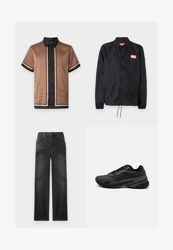 Jaqueta preta feita de material suave e leve, com fecho de botão na frente, punhos elásticos, bolsos laterais e um patch do logótipo vermelho da Diesel.; Camisa de manga curta castanha com colarinho preto, botão na frente, padrão geométrico de círculos e detalhes em riscas pretas e beiges nas mangas e no painel frontal.; Calças de ganga de perna reta pretas, com cinco bolsos, passadores de cinto e um leve desbotado no tecido para textura.; Shoe de corrida preta com um cabedal texturizado apresentando riscas cinzentas. Sola grossa para amortecimento, bico redondo e atacadores planos para um ajuste seguro.