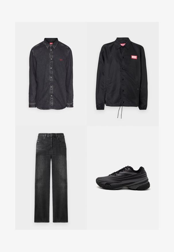 Črna jakna iz gladkega, lahkega materiala, z gumbnim zapiranjem, elastičnimi manšetami, stranskimi žepi in rdečim logotipom Diesel.; Diesel SIMPLY - Srajca - black; Črne ravne kavbojke iz denima, ki imajo pet žepov, pasne zanke in subtilno zbledelost na tkanini za teksturo.; Črne tekaške copate z teksturiranim zgornjim delom, ki ima sive črte. Debel podplat za blaženje udarcev, okrogla konica in ravne vezalke za varen oprijem.
