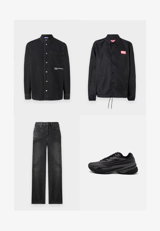 Juoda striukė, pagaminta iš lygaus, lengvo medžiagų, su mygtukų priekyje, elastinėmis rankovėmis, šoninėmis kišenėmis ir raudonu "Diesel" logotipo ženkleliu.; Juodas džinsinis marškinėlis su apykakle, ilgomis rankovėmis, priekinėmis kišenėmis ir išsiuvinėtu logotipu ant krūtinės.; Juodos tiesios kojų džinsai, pagaminti iš džinsinio audinio, su penkiomis kišenėmis, diržo kilpomis ir švelniu audinio blukimu, kuris suteikia tekstūrą.; Juodas bėgimo batelis su tekstūruotu viršumi, kuriame yra pilkos juostos. Storas padas amortizacijai, apvalus pirštas ir plokščios raištelės tvirtam prigludimui.