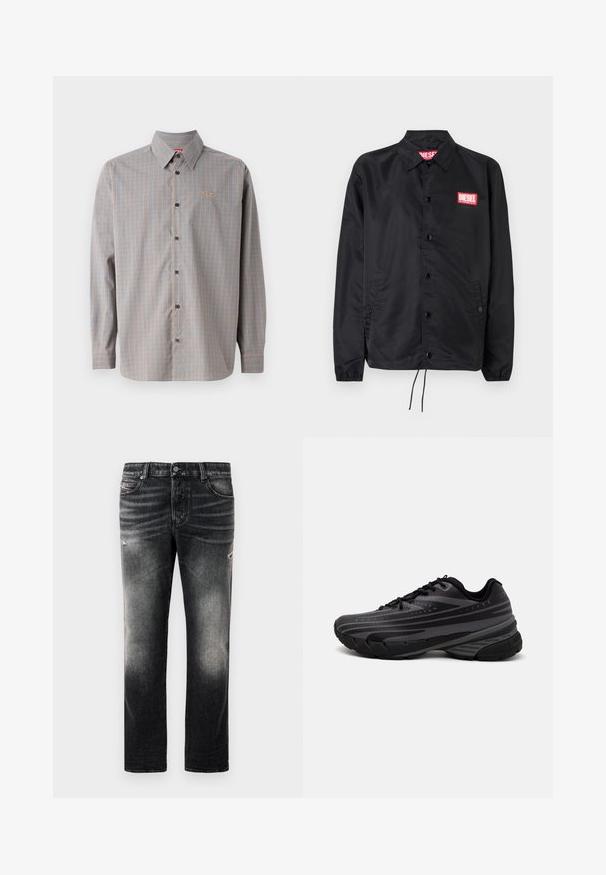 Crna jakna od glatkog, laganog materijala, s prednjim kopčanjem na dugmad, elastičnim manžetama, bočnim džepovima i crvenim Diesel logotipom.; Košulja na dugih rukava u plavoj i narančastoj karo kombinaciji, s oštrim kragnom i malim logom na području džepa na prsima.; Crne traperice s izblijedjelim finišom i istrošenim detaljima, standardnim dizajnom s pet džepova i zatvaračem. Izrađene od traper tkanine.; Crna tenisica za trčanje s teksturiranim gornjim dijelom koji ima sive pruge. Debeli potplat za amortizaciju, okrugli vrh i ravne vezice za sigurno pristajanje.