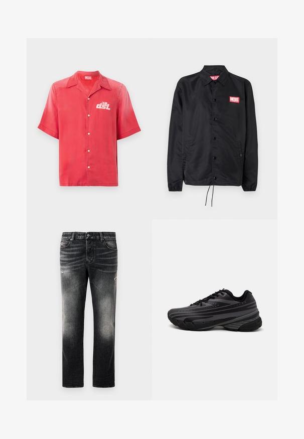 Chaqueta negra hecha de un material suave y ligero, con cierre de botones en el frente, puños elásticos, bolsillos laterales y un parche con el logo rojo de Diesel.; Camisa de botones roja de manga corta en una tela suave. Presenta un cuello y un logotipo blanco en el lado izquierdo del pecho. Diseño sencillo, sin patrones.; Jeans negros con acabado desgastado y toques rasgados, diseño estándar de cinco bolsillos y cierre con cremallera. Elaborados en tela de denim.; Zapatilla de running negra con parte superior texturizada que presenta franjas grises. Suela gruesa para amortiguación, puntera redonda y cordones planos para un ajuste seguro.