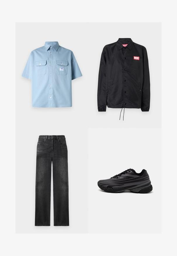 Black jacket made of smooth, lightweight material, featuring a button front, elastic cuffs, side pockets, and a red Diesel logo patch.; Light blue short-sleeve shirt made of cotton, featuring a pointed collar, two chest pockets, and a small logo patch near the left pocket.; Black straight-leg jeans made of denim, featuring five pockets, belt loops, and subtle fading on the fabric for texture.; Black running shoe with a textured upper featuring gray stripes. Thick sole for cushioning, round toe, and flat laces for secure fit.