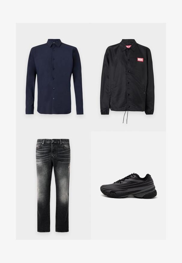 Chaqueta negra hecha de un material suave y ligero, con cierre de botones en el frente, puños elásticos, bolsillos laterales y un parche con el logo rojo de Diesel.; Camisa de manga larga azul marino hecha de una tela suave, con un cierre de botones en la parte delantera, cuello estructurado y botones oscuros para un contraste.; Jeans negros con acabado desgastado y toques rasgados, diseño estándar de cinco bolsillos y cierre con cremallera. Elaborados en tela de denim.; Zapatilla de running negra con parte superior texturizada que presenta franjas grises. Suela gruesa para amortiguación, puntera redonda y cordones planos para un ajuste seguro.