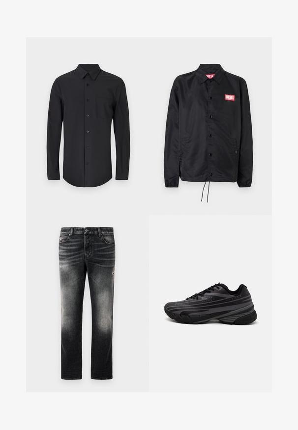 Zwarte jack van soepel, lichtgewicht materiaal, met een knoopsluiting, elastische manchetten, zijzakken en een rood Diesel logo patch.; Zwarte langslavend shirt in een gladde stof met een klassieke kraag, knoopsluiting en een borstzak aan de linkerkant.; Zwarte tanktop van gladde stof, met een ronde hals, armsgaten en een klein rood logo op de borst. Eenvoudig ontwerp, zonder mouwen.; Zwarte jeans met een vervaagde afwerking en versleten accenten, standaard vijf-pocket ontwerp en een ritssluiting. Gemaakt van denimstof.; Zwarte hardloopschoen met een gestructureerde bovenkant met grijze strepen. Dikke zool voor demping, ronde neus en platte veters voor een veilige pasvorm.
