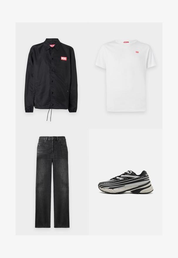 Schwarze Jacke aus glattem, leichtem Material mit Knopfriegel, elastischen Bündchen, seitlichen Taschen und einem roten Diesel-Logo-Patch.; Weißes Baumwoll-T-Shirt mit kurzen Ärmeln und V-Ausschnitt. Verfügt über ein kleines rotes Diesel-Logo auf der linken Brust. Glatte Textur, normale Passform.; Schwarze gerade Jeans aus Denim, mit fünf Taschen, Gürtelschlaufen und subtiler Ausbleichung des Stoffes für Textur.; Diesel D-AIRSPEED - Sneaker low - grey/black