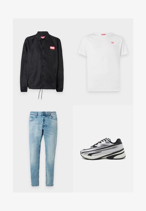 Must must, misasest kergest ja siledast materjalist, nupuvälinge, elastsete mansettide, küljetaskute ning punase Diesel logo plaastriga.; Valge puuvillane T-särk lühikeste varrukatega ja V-kaelusega. Vasakul rinnal on väike punane Diesel logo. Sujuv tekstuur, tavaline istuvus.; Heledad sinise värvi teksapüksid, millel on kitsas lõige, esiküljel on taskud ja nööp-kinnitus. Kanga pind on pehme ja tekstureeritud.; Jooksujalats, millel on hõbedane võrgust pealmine osa, mustad aktsendid ja valge tallaga. Omab tekstuurilist disaini ja musti paelu. Kerge ja pehmendusega.