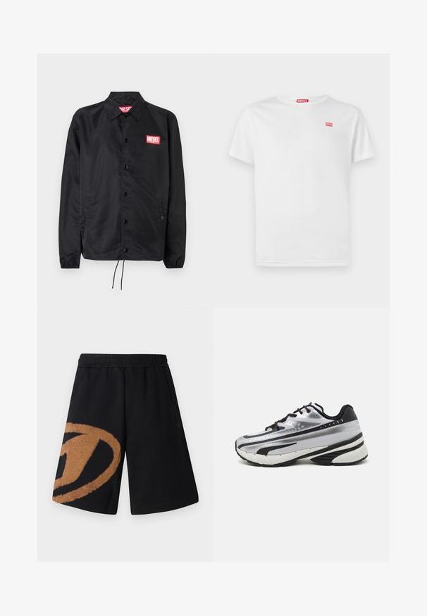 Giacca nera realizzata in materiale liscio e leggero, con chiusura a bottoni, polsini elasticizzati, tasche laterali e una patch con il logo rosso Diesel.; T-shirt in cotone bianco con maniche corte e scollo a V. Presenta un piccolo logo rosso Diesel sul lato sinistro del petto. Texture liscia, vestibilità standard.; Pantaloni corti neri con cintura elastica, caratterizzati da un grande logo circolare marrone sulla gamba sinistra. Realizzati in un tessuto morbido e traspirante.; Scarpa da corsa con tomaia in rete argento, dettagli neri e suola bianca. Presenta un design testurizzato e lacci neri. Leggera e ammortizzata.