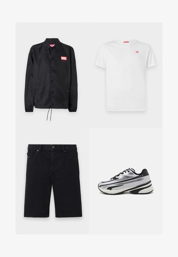 Svart jacka i ett slätt, lätt material med knappstängning, elastiska ärmslut, sidofickor och en röd Diesel-logolapp.; Vit bomull t-shirt med korta ärmar och V-ringning. Har en liten röd Diesel-logga på vänster bröst. Slät textur, standardpassform.; Svarta denimshorts med rak skärning, fem fickor, metallaccent och synlig sömnad. Mjuk textur och enkel design.; Löparskor med överdel i silvernät, svarta accenter och vit sula. Har en strukturerad design och svarta skosnören. Lätta och vadderade.