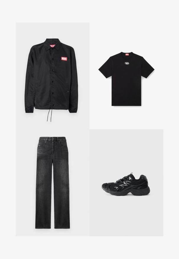 Jaqueta preta feita de material suave e leve, com fecho de botão na frente, punhos elásticos, bolsos laterais e um patch do logótipo vermelho da Diesel.; Camiseta de algodão preta com decote redondo e mangas curtas. Apresenta um pequeno logótipo prata bordado na parte central da frente.; Calças de ganga de perna reta pretas, com cinco bolsos, passadores de cinto e um leve desbotado no tecido para textura.; Sapatilha atlética preta com material em malha e acentos sintéticos, bico arredondado, sola texturizada e detalhes brilhantes em contraste na parte superior.