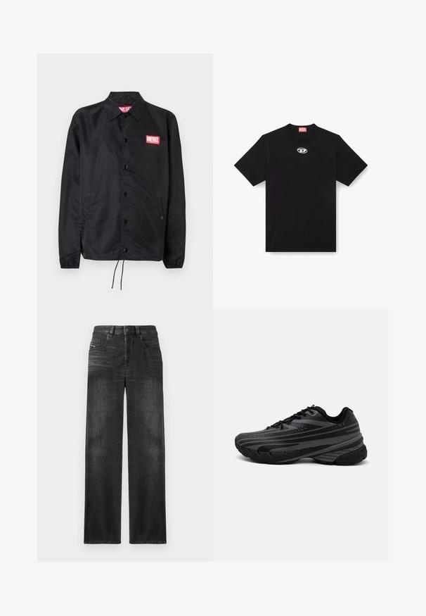 Must must, misasest kergest ja siledast materjalist, nupuvälinge, elastsete mansettide, küljetaskute ning punase Diesel logo plaastriga.; Must have ümberkaela ja lühikeste varrukatega must puuvillane T-särk. Esiküljel on väike hõbedane logo tikandina.; Mustad sirgedega teksad, millel on viis taskut, vööst sõlmimiskohad ja õrn kulumine kangas, andes tekstuuri.; Mustad musta jooksujalats, mille tekstureeritud ülemine osa on hallide triipudega. Paks tallaga mugavuse tagamiseks, ümar varvas ja tasased paelad kindla istuvuse saavutamiseks.