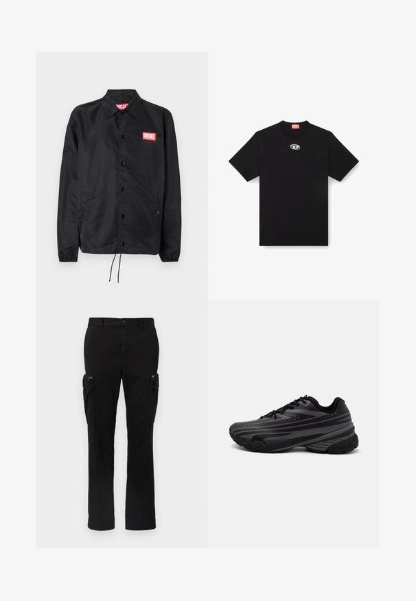 Černá bunda z hladkého, lehkého materiálu, s knoflíkovou přední částí, elastickými manžetami, bočními kapsami a červenou nášivkou Diesel logo.; Černé bavlněné tričko s kulatým výstřihem a krátkými rukávy. Na přední části uprostřed je malé, stříbrné logo vyšívané.; Černé cargo kalhoty vyrobené z bavlny, s dvěma bočními kapsami, rovnými nohavicemi a viditelným švem na švech.; Černá běžecká bota s texturovaným svrškem zdobeným šedými pruhy. Silná podešev pro odpružení, kulatá špička a ploché tkaničky pro bezpečné uchycení.