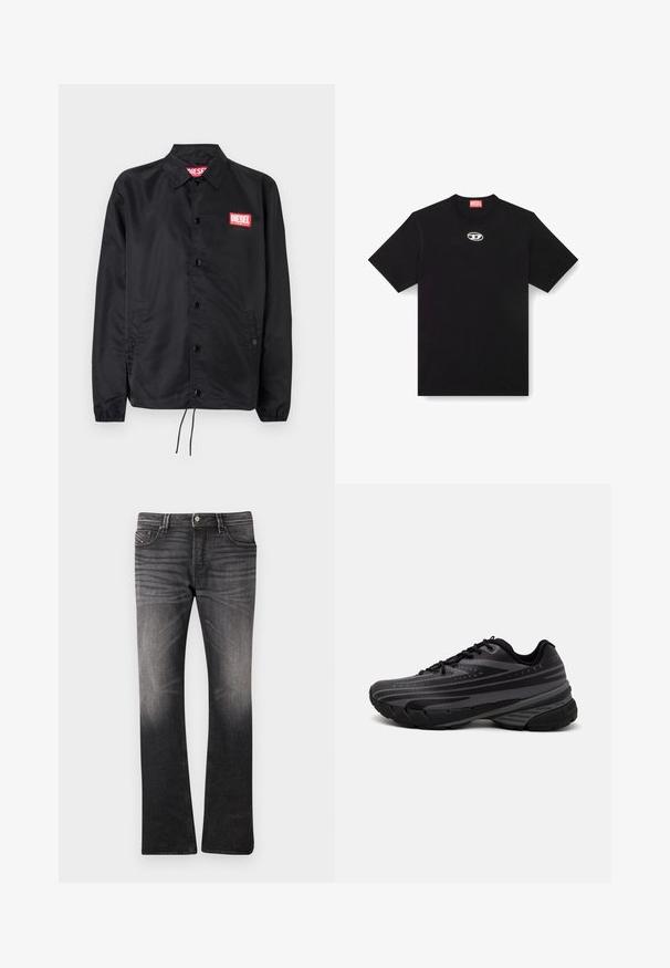 Must must, misasest kergest ja siledast materjalist, nupuvälinge, elastsete mansettide, küljetaskute ning punase Diesel logo plaastriga.; Must have ümberkaela ja lühikeste varrukatega must puuvillane T-särk. Esiküljel on väike hõbedane logo tikandina.; Mustad denimpüksid, millel on veidi kulunud muster. Sobiv disain, sirged sääred, viie taskuga stiil ja nööpkinnitus taljes.; Mustad musta jooksujalats, mille tekstureeritud ülemine osa on hallide triipudega. Paks tallaga mugavuse tagamiseks, ümar varvas ja tasased paelad kindla istuvuse saavutamiseks.