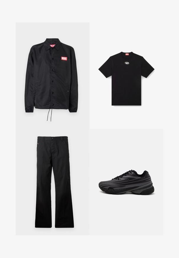 Črna jakna iz gladkega, lahkega materiala, z gumbnim zapiranjem, elastičnimi manšetami, stranskimi žepi in rdečim logotipom Diesel.; Črna bombažna majica s krožnim izrezom in kratkimi rokavi. Ima majhen srebrni logotip vezen na sredini spredaj.; Črne bombažne hlače ravnega kroja z gumbom za zapiranje. Imajo stranske žepe in minimalističen dizajn brez vidnih vzorcev ali poudarkov.; Črne tekaške copate z teksturiranim zgornjim delom, ki ima sive črte. Debel podplat za blaženje udarcev, okrogla konica in ravne vezalke za varen oprijem.