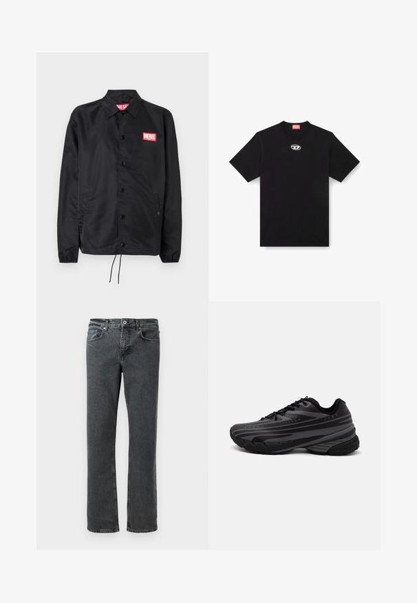 Melnā jaka no gludas, vieglas materiāla, ar pogu aizdari, elastīgām piedurknēm, sānu kabatām un sarkanu Diesel logo uzšuvumu.; Melnas kokvilnas T-krekls ar apaļu kakla izgriezumu un īsām piedurknēm. Uz priekšpuses centrā ir neliels, sudraba krāsas noslēpuma logotips izšūts.; Melnīgas taisnas kājas džinsi ar piecām kabatām, pogu aizdari un jostas cilpām, izstādīti uz balta fona.; Melnas skriešanas kurpes ar teksturētu virsu, kurai ir pelēkas svītras. Biezs zole nodrošina amortizāciju, apaļa purngalu un plakanas šņorītes, lai nodrošinātu drošu piegulšanu.