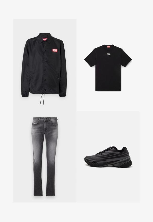Crna jakna od glatkog, laganog materijala, s prednjim kopčanjem na dugmad, elastičnim manžetama, bočnim džepovima i crvenim Diesel logotipom.; Crna pamučna majica s okruglim izrezom i kratkim rukavima. Ima mali, srebrni logo izvezen na prednjem dijelu.; Sive traperice s uskim fitom, dizajnom s pet džepova i blagim izbljedjivanjem. Sadrže patentni zatvarač s kopčanjem na dugme i detalje od šavova.; Crna tenisica za trčanje s teksturiranim gornjim dijelom koji ima sive pruge. Debeli potplat za amortizaciju, okrugli vrh i ravne vezice za sigurno pristajanje.