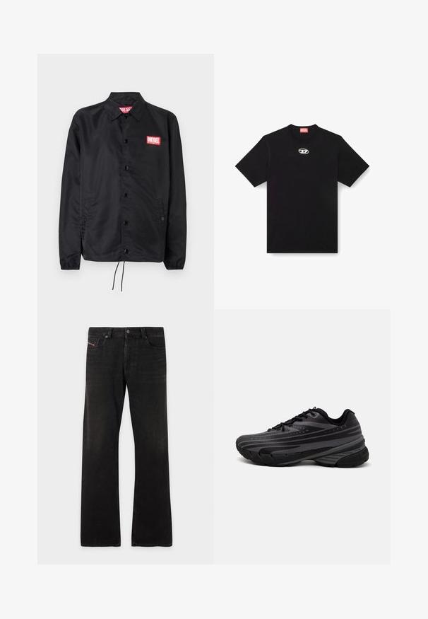 Juoda striukė, pagaminta iš lygaus, lengvo medžiagų, su mygtukų priekyje, elastinėmis rankovėmis, šoninėmis kišenėmis ir raudonu "Diesel" logotipo ženkleliu.; Juodas medvilninis marškinėlis su apvaliu iškirpimu ir trumpomis rankovėmis. Priekyje centre yra maža sidabrinė logotipo siuvinėjimas.; Juodi džinsai tiesiomis kojinėmis su penkiais kišenėmis ir sagčių uždarymu, rodančiu lengvą išblukimą ant šlaunų ir kelių.; Juodas bėgimo batelis su tekstūruotu viršumi, kuriame yra pilkos juostos. Storas padas amortizacijai, apvalus pirštas ir plokščios raištelės tvirtam prigludimui.