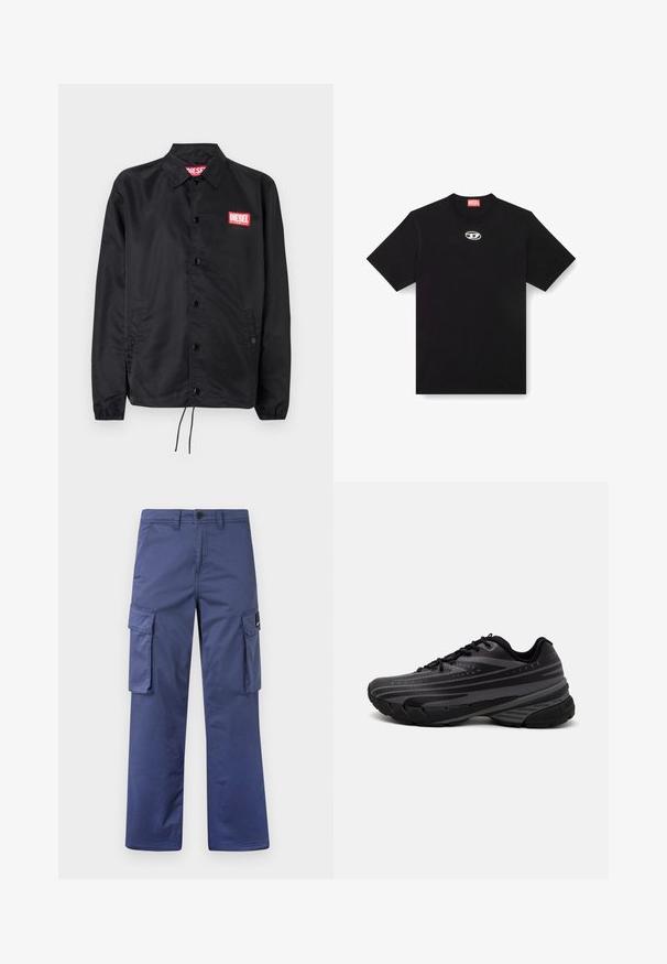 Črna jakna iz gladkega, lahkega materiala, z gumbnim zapiranjem, elastičnimi manšetami, stranskimi žepi in rdečim logotipom Diesel.; Črna bombažna majica s krožnim izrezom in kratkimi rokavi. Ima majhen srebrni logotip vezen na sredini spredaj.; Mornarske cargo hlače iz trpežnega blaga, ki vključujejo stranske žepe, ravno krojenje in gumbasto zaklepanje v pasu.; Črne tekaške copate z teksturiranim zgornjim delom, ki ima sive črte. Debel podplat za blaženje udarcev, okrogla konica in ravne vezalke za varen oprijem.