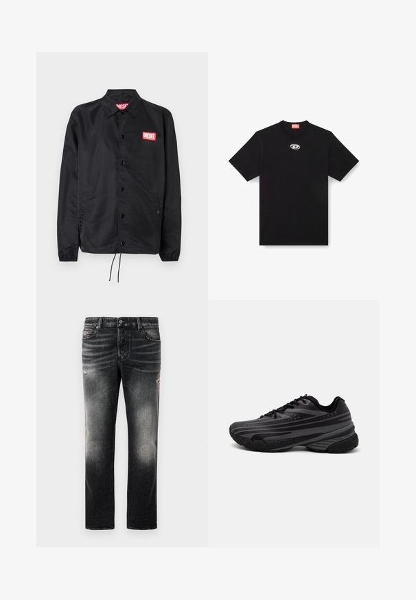 Must must, misasest kergest ja siledast materjalist, nupuvälinge, elastsete mansettide, küljetaskute ning punase Diesel logo plaastriga.; Must have ümberkaela ja lühikeste varrukatega must puuvillane T-särk. Esiküljel on väike hõbedane logo tikandina.; Mustad mustast denimist valmistatud teksad, millel on kulunud viimistlus ja kulumine, tavaline viie tasku disain ning tõmblukuga sulgemine.; Mustad musta jooksujalats, mille tekstureeritud ülemine osa on hallide triipudega. Paks tallaga mugavuse tagamiseks, ümar varvas ja tasased paelad kindla istuvuse saavutamiseks.