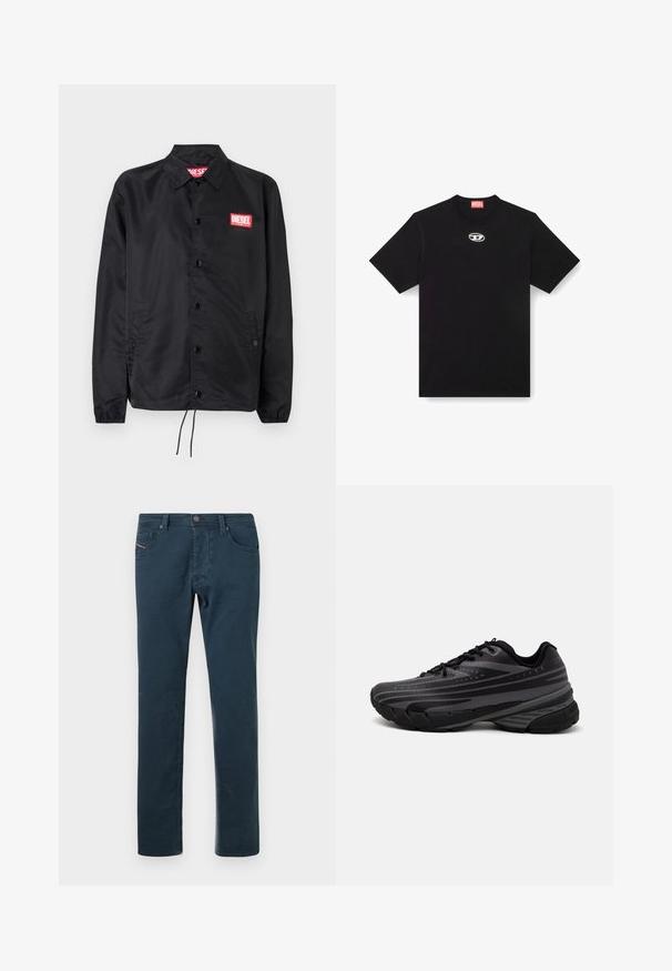 Jaqueta preta feita de material suave e leve, com fecho de botão na frente, punhos elásticos, bolsos laterais e um patch do logótipo vermelho da Diesel.; Camiseta de algodão preta com decote redondo e mangas curtas. Apresenta um pequeno logótipo prata bordado na parte central da frente.; Calças justas de cor azul-escuro com botão à frente, passantes para cinto e design de cinco bolsos sobre um fundo branco simples.; Shoe de corrida preta com um cabedal texturizado apresentando riscas cinzentas. Sola grossa para amortecimento, bico redondo e atacadores planos para um ajuste seguro.