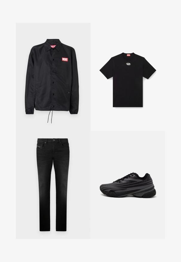 Melnā jaka no gludas, vieglas materiāla, ar pogu aizdari, elastīgām piedurknēm, sānu kabatām un sarkanu Diesel logo uzšuvumu.; Melnas kokvilnas T-krekls ar apaļu kakla izgriezumu un īsām piedurknēm. Uz priekšpuses centrā ir neliels, sudraba krāsas noslēpuma logotips izšūts.; Melni džinsi no denima ar taisnu griezumu, ar priekšējiem kabatām un metāla pogas aizdari, gluda tekstūra un smalki izšuvumi.; Melnas skriešanas kurpes ar teksturētu virsu, kurai ir pelēkas svītras. Biezs zole nodrošina amortizāciju, apaļa purngalu un plakanas šņorītes, lai nodrošinātu drošu piegulšanu.