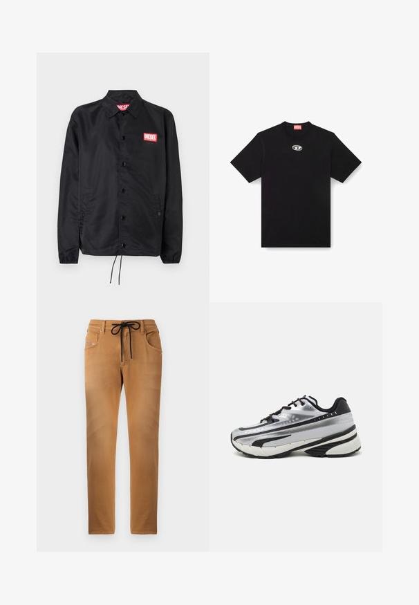 Fekete dzseki sima, könnyű anyagból, gombos elülső résszel, rugalmas mandzsettákkal, oldalsó zsebekkel és egy piros Diesel logós folttal.; Fekete pamut póló kerek nyakkivágással és rövid ujjakkal. Az elején középen egy kicsi, ezüst színű logó van hímzéssel.; Világosbarna nadrág, puha tapintással, rugalmas, húzózsinóros derékkal és mintás zsebdíszítéssel. Egyenes láb kialakítás, varrott varratokkal.; Futócipő ezüst hálós felsőrésszel, fekete részletekkel és fehér talppal. Texturált mintázattal és fekete fűzővel rendelkezik. Könnyű és párnázott.