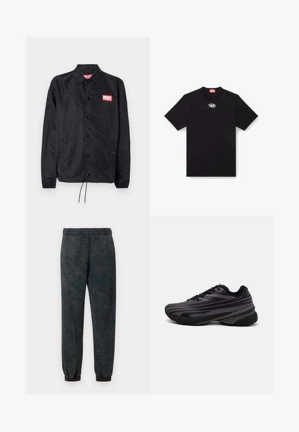 Black jacket made of smooth, lightweight material, featuring a button front, elastic cuffs, side pockets, and a red Diesel logo patch.; Black cotton t-shirt with a round neckline and short sleeves. Features a small, silver logo embroidered on the front center.; Dark gray fleece sweatpants with elastic waistband and cuffs, straight fit, designed for casual wear.; Black running shoe with a textured upper featuring gray stripes. Thick sole for cushioning, round toe, and flat laces for secure fit.