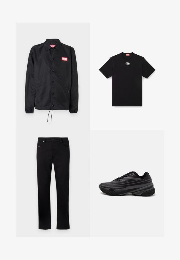 Crna jakna od glatkog, laganog materijala, s prednjim kopčanjem na dugmad, elastičnim manžetama, bočnim džepovima i crvenim Diesel logotipom.; Crna pamučna majica s okruglim izrezom i kratkim rukavima. Ima mali, srebrni logo izvezen na prednjem dijelu.; Crne traperice s ravnim nogavicama, pet džepova i zatvaranjem na metalnu tipku. Sadrže suptilne šavove na prednjem džepu.; Crna tenisica za trčanje s teksturiranim gornjim dijelom koji ima sive pruge. Debeli potplat za amortizaciju, okrugli vrh i ravne vezice za sigurno pristajanje.