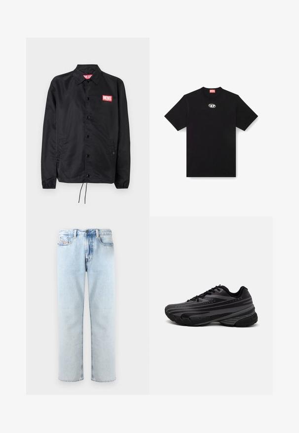 Svart jacka i ett slätt, lätt material med knappstängning, elastiska ärmslut, sidofickor och en röd Diesel-logolapp.; Svart bomulls-t-shirt med rund hals och korta ärmar. Har en liten, silverfärgad logotyp broderad i mitten av framsidan.; Ljusblå denimjeans med raka ben, femfickorsdesign och subtila slitningar. Har en knappstängning och ögla för bälte.; Svart löparsko med en texturerad ovandel och grå ränder. Tjock sula för dämpning, rund tå och platta snören för en säker passform.