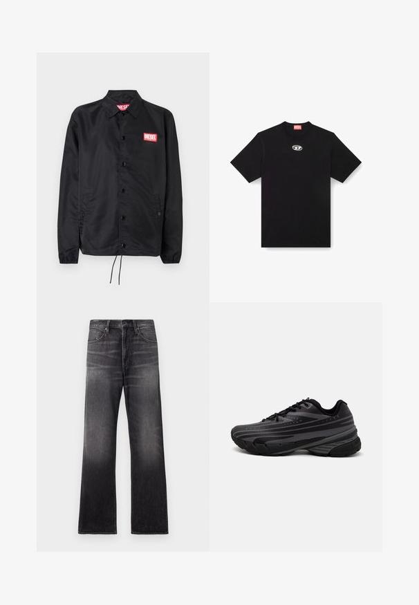 Czarna kurtka wykonana z gładkiego, lekkiego materiału, z przodem na guziki, elastycznymi mankietami, bocznymi kieszeniami i czerwoną naszywką z logo Diesel.; Czarny bawełniany t-shirt z okrągłym dekoltem i krótkimi rękawami. Na środku przodu znajduje się małe, srebrne logo wyszywane.; Czarne dżinsy z prostymi nogawkami, z lekko przetartym wykończeniem, kieszeniami z przodu, szlufkami na pasek oraz widocznymi detalami szycia.; Czarna biegowa obuwie z teksturowaną cholewką z szarymi paskami. Gruba podeszwa dla amortyzacji, okrągły czubek i płaskie sznurowadła zapewniające pewne dopasowanie.