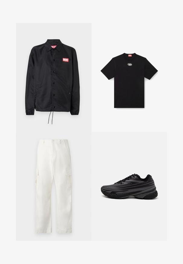 Chaqueta negra hecha de un material suave y ligero, con cierre de botones en el frente, puños elásticos, bolsillos laterales y un parche con el logo rojo de Diesel.; Camiseta de algodón negra con cuello redondo y mangas cortas. Presenta un pequeño logotipo plateado bordado en el centro del frente.; Pantalones cargo blancos de algodón, con un diseño de pierna recta, dos bolsillos laterales y dos bolsillos cargo en los muslos.; Zapatilla de running negra con parte superior texturizada que presenta franjas grises. Suela gruesa para amortiguación, puntera redonda y cordones planos para un ajuste seguro.