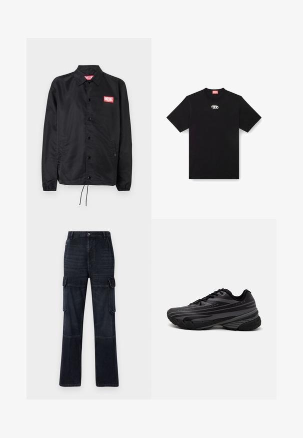 Zwarte jack van soepel, lichtgewicht materiaal, met een knoopsluiting, elastische manchetten, zijzakken en een rood Diesel logo patch.; Zwarte katoenen t-shirt met een ronde halslijn en korte mouwen. Heeft een klein, zilver logo geborduurd in het midden van de voorkant.; Donkere denim cargo broek met een relaxte pasvorm, voorzien van twee zijzakken, kniestukken en contrasterende stiksels. Metalen knoopsluiting bij de tailleband.; Zwarte hardloopschoen met een gestructureerde bovenkant met grijze strepen. Dikke zool voor demping, ronde neus en platte veters voor een veilige pasvorm.