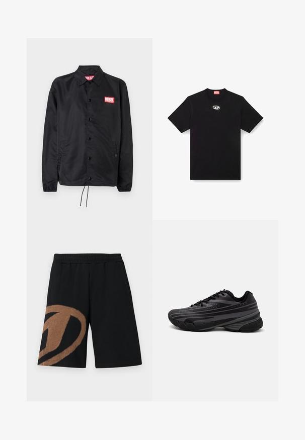 Veste noire en matériau lisse et léger, avec un devant à boutons, des poignets élastiques, des poches latérales et un patch logo rouge Diesel.; T-shirt en coton noir avec un col rond et des manches courtes. Présente un petit logo en argent brodé au centre avant.; Shorts taille élastique noire avec grand motif abstrait marron sur la jambe gauche et poches latérales.; Baskets de course noires avec une tige texturée comportant des rayures grises. Semelle épaisse pour un bon amorti, bout rond et lacets plats pour un maintien sécurisé.