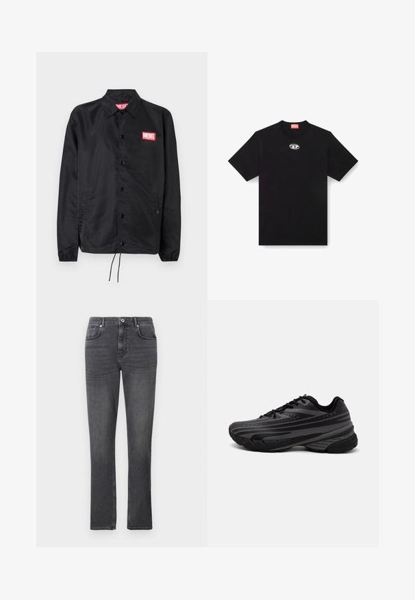 Jaqueta preta feita de material suave e leve, com fecho de botão na frente, punhos elásticos, bolsos laterais e um patch do logótipo vermelho da Diesel.; Camiseta de algodão preta com decote redondo e mangas curtas. Apresenta um pequeno logótipo prata bordado na parte central da frente.; Jeans de denim cinza com um design de perna reta, estilo de cinco bolsos e detalhes de costura subtil. O tecido tem uma textura suave.; Shoe de corrida preta com um cabedal texturizado apresentando riscas cinzentas. Sola grossa para amortecimento, bico redondo e atacadores planos para um ajuste seguro.