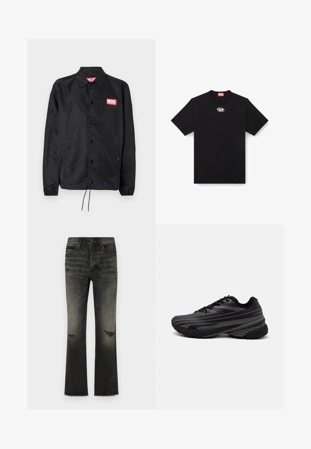 Jaqueta preta feita de material suave e leve, com fecho de botão na frente, punhos elásticos, bolsos laterais e um patch do logótipo vermelho da Diesel.; Camiseta de algodão preta com decote redondo e mangas curtas. Apresenta um pequeno logótipo prata bordado na parte central da frente.; Jeans de ganga pretos em corte fluido com um acabamento desbotado, desgastes visíveis e bainha desfiada. Apresenta o clássico estilo de cinco bolsos e fecho de botão metálico.; Shoe de corrida preta com um cabedal texturizado apresentando riscas cinzentas. Sola grossa para amortecimento, bico redondo e atacadores planos para um ajuste seguro.