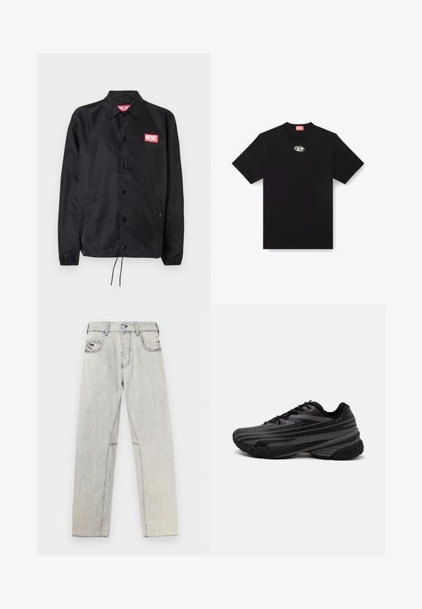 Juoda striukė, pagaminta iš lygaus, lengvo medžiagų, su mygtukų priekyje, elastinėmis rankovėmis, šoninėmis kišenėmis ir raudonu "Diesel" logotipo ženkleliu.; Juodas medvilninis marškinėlis su apvaliu iškirpimu ir trumpomis rankovėmis. Priekyje centre yra maža sidabrinė logotipo siuvinėjimas.; Šviesiai mėlyni džinsai iš džiuto su tiesiu pjūviu, kontrastingomis siūlėmis, dviem priekinėmis kišenėmis ir įplyšimais audinyje.; Juodas bėgimo batelis su tekstūruotu viršumi, kuriame yra pilkos juostos. Storas padas amortizacijai, apvalus pirštas ir plokščios raištelės tvirtam prigludimui.