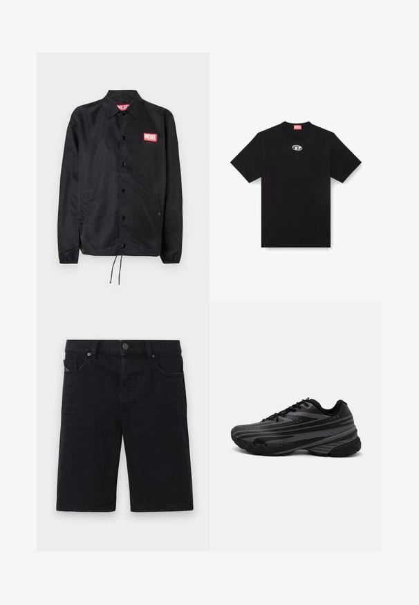 Must must, misasest kergest ja siledast materjalist, nupuvälinge, elastsete mansettide, küljetaskute ning punase Diesel logo plaastriga.; Must have ümberkaela ja lühikeste varrukatega must puuvillane T-särk. Esiküljel on väike hõbedane logo tikandina.; Mustadest denimist lühikesed püksid sirge lõikega, viie taskuga, metallist detailidega ja nähtava õmblusega. Pehme tekstuur ja lihtne disain.; Mustad musta jooksujalats, mille tekstureeritud ülemine osa on hallide triipudega. Paks tallaga mugavuse tagamiseks, ümar varvas ja tasased paelad kindla istuvuse saavutamiseks.