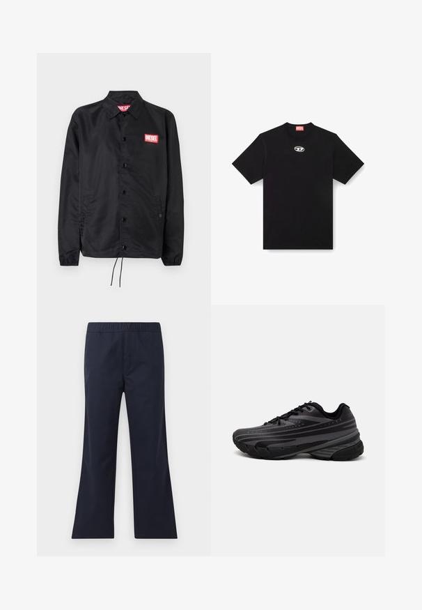 Crna jakna od glatkog, laganog materijala, s prednjim kopčanjem na dugmad, elastičnim manžetama, bočnim džepovima i crvenim Diesel logotipom.; Crna pamučna majica s okruglim izrezom i kratkim rukavima. Ima mali, srebrni logo izvezen na prednjem dijelu.; Tamno plave, raširene hlače od glatkog materijala. Imaju elastičnu ulogu i bočne džepove. Čiste linije i minimalistički dizajn.; Crna tenisica za trčanje s teksturiranim gornjim dijelom koji ima sive pruge. Debeli potplat za amortizaciju, okrugli vrh i ravne vezice za sigurno pristajanje.