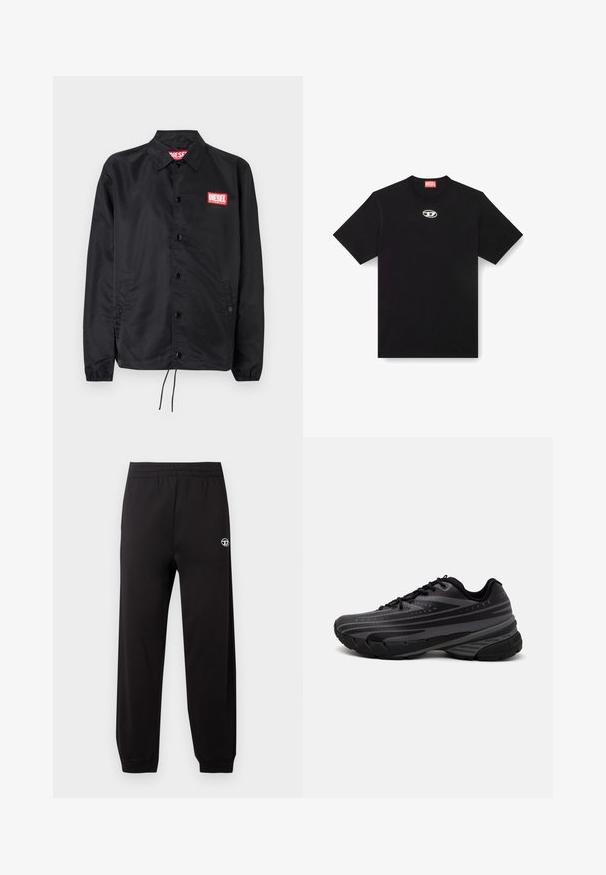 Melnā jaka no gludas, vieglas materiāla, ar pogu aizdari, elastīgām piedurknēm, sānu kabatām un sarkanu Diesel logo uzšuvumu.; Melnas kokvilnas T-krekls ar apaļu kakla izgriezumu un īsām piedurknēm. Uz priekšpuses centrā ir neliels, sudraba krāsas noslēpuma logotips izšūts.; Melnas sporta bikses ar elastīgu jostu, sašaurinātiem svārkiem un mazu baltu logotipu kreisajā pusē. Audumam ir gluda tekstūra.; Melnas skriešanas kurpes ar teksturētu virsu, kurai ir pelēkas svītras. Biezs zole nodrošina amortizāciju, apaļa purngalu un plakanas šņorītes, lai nodrošinātu drošu piegulšanu.