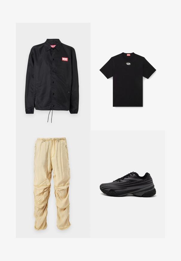 Juoda striukė, pagaminta iš lygaus, lengvo medžiagų, su mygtukų priekyje, elastinėmis rankovėmis, šoninėmis kišenėmis ir raudonu "Diesel" logotipo ženkleliu.; Juodas medvilninis marškinėlis su apvaliu iškirpimu ir trumpomis rankovėmis. Priekyje centre yra maža sidabrinė logotipo siuvinėjimas.; Šviesiai smėlinės spalvos nailoniniai cargo kelnės su reguliuojamomis raišteliais juosmeniui ir užtrauktukais kišenėse, sukurti su surauktomis, sluoksniuotomis audinio detalėmis.; Juodas bėgimo batelis su tekstūruotu viršumi, kuriame yra pilkos juostos. Storas padas amortizacijai, apvalus pirštas ir plokščios raištelės tvirtam prigludimui.