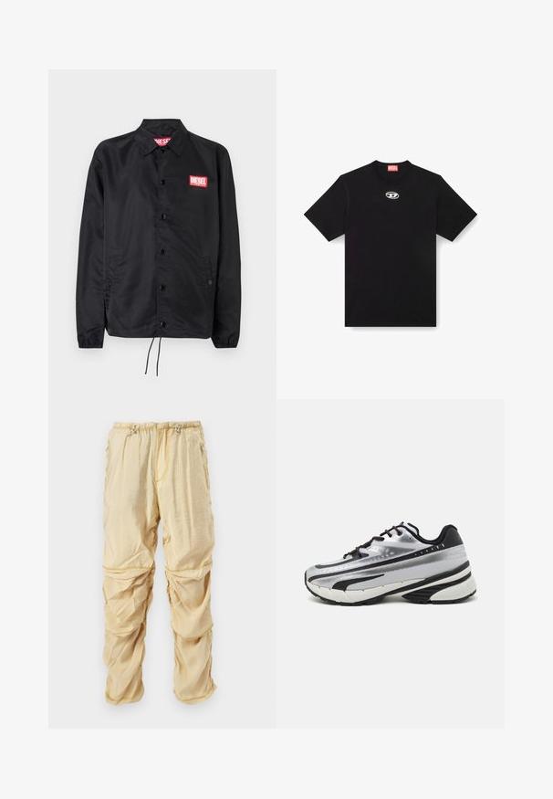 Veste noire en matériau lisse et léger, avec un devant à boutons, des poignets élastiques, des poches latérales et un patch logo rouge Diesel.; T-shirt en coton noir avec un col rond et des manches courtes. Présente un petit logo en argent brodé au centre avant.; Pantalons cargo en nylon beige clair avec cordons de serrage réglables à la taille et poches zippées, conçus avec des détails en tissu froncé et superposé.; Baskets de course avec une tige en mesh argenté, des accents noirs et une semelle blanche. Présente un design texturé et des lacets noirs. Légères et rembourrées.