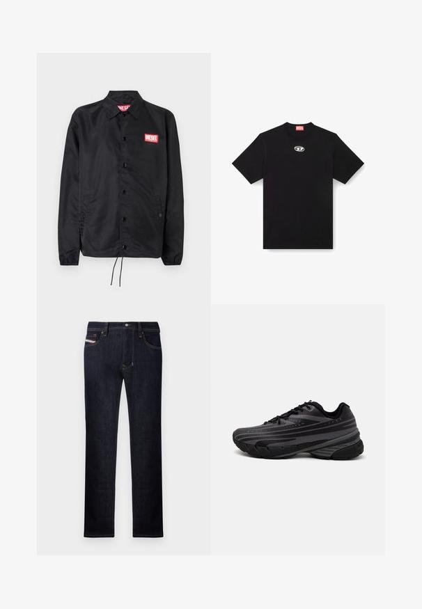 Črna jakna iz gladkega, lahkega materiala, z gumbnim zapiranjem, elastičnimi manšetami, stranskimi žepi in rdečim logotipom Diesel.; Črna bombažna majica s krožnim izrezom in kratkimi rokavi. Ima majhen srebrni logotip vezen na sredini spredaj.; Temno modre jeans hlače s ravnim krojem, ki imajo pet žepov, gumbasto zapiranje in kontrastne šive.; Črne tekaške copate z teksturiranim zgornjim delom, ki ima sive črte. Debel podplat za blaženje udarcev, okrogla konica in ravne vezalke za varen oprijem.
