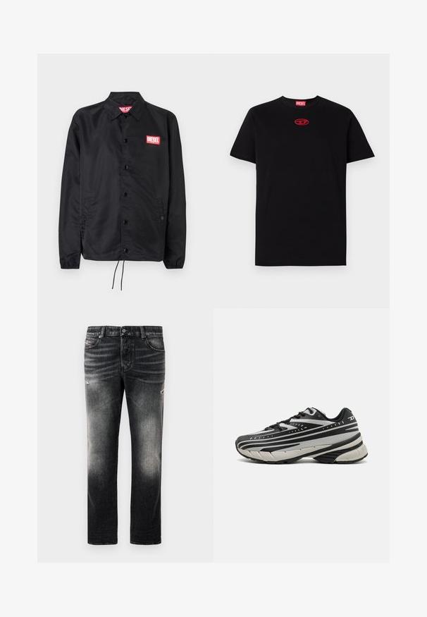 Fekete dzseki sima, könnyű anyagból, gombos elülső résszel, rugalmas mandzsettákkal, oldalsó zsebekkel és egy piros Diesel logós folttal.; Fekete pamut póló, kerek nyakkal és rövid ujjakkal. Piros hímzett logó a közepén. Sima anyag, standard fazonnal.; Fekete farmernadrág, amely elhasználódott hatású és kopott részletekkel rendelkezik, klasszikus öt zsebes dizájnnal és cipzáras záródással. Denim anyagból készült.; Diesel D-AIRSPEED - Sportcipő - grey/black