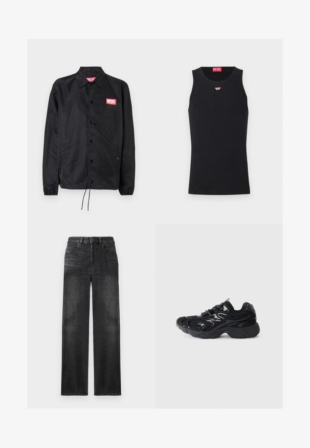 Μαύρο μπουφάν από λείο, ελαφρύ ύφασμα, με μπροστινό κουμπί, ελαστικούς καρπούς, πλαϊνές τσέπες και κόκκινη ετικέτα λογότυπου Diesel.; Μαύρο αμάνικο μπλουζάκι από απαλό ύφασμα, με στρογγυλή λαιμόκοψη, ανοιχτές μανικέτες και ένα μικρό κόκκινο λογότυπο στο στήθος. Απλός σχεδιασμός, χωρίς μανίκια.; Μαύρα τζην παντελόνια ευθείας γραμμής από ντένιμ, με πέντε τσέπες, θηλιές για ζώνη και σ subtle fading στη υφή του υφάσματος.; Μαύρο αθλητικό παπούτσι με πλέγμα και συνθετικές λεπτομέρειες, στρογγυλή μύτη, υφή στη σόλα και σε αντίθεση γυαλιστερά στοιχεία στο πάνω μέρος.