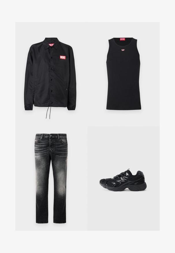 Fekete dzseki sima, könnyű anyagból, gombos elülső résszel, rugalmas mandzsettákkal, oldalsó zsebekkel és egy piros Diesel logós folttal.; Fekete ujjatlan trikó sima anyagból, kerek nyakrésszel, karöltőkkel és egy kis vörös logóval a mellkason. Egyszerű dizájn, ujjatlan.; Fekete farmernadrág, amely elhasználódott hatású és kopott részletekkel rendelkezik, klasszikus öt zsebes dizájnnal és cipzáras záródással. Denim anyagból készült.; Fekete sportcipő hálós anyagból és szintetikus részletekből, lekerekített orrú, texturált talppal és kontrasztos fényes részletekkel a felső részen.